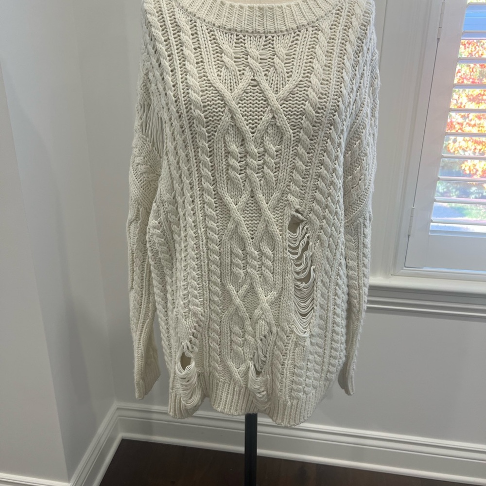 J.O.A. Distressed Cream Cable Knit Sweater